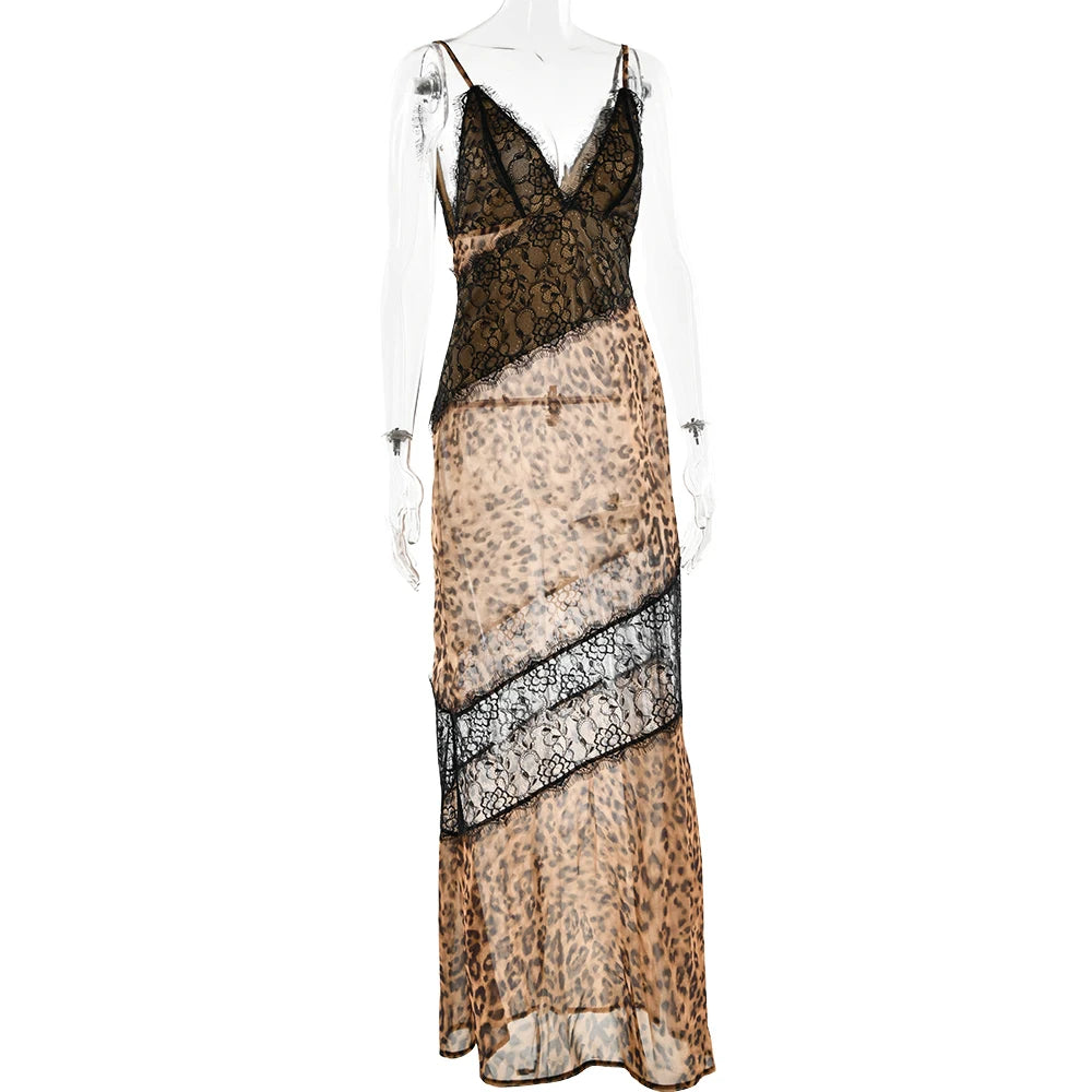 Dress with leopard print and lace details on a mannequin against a white background