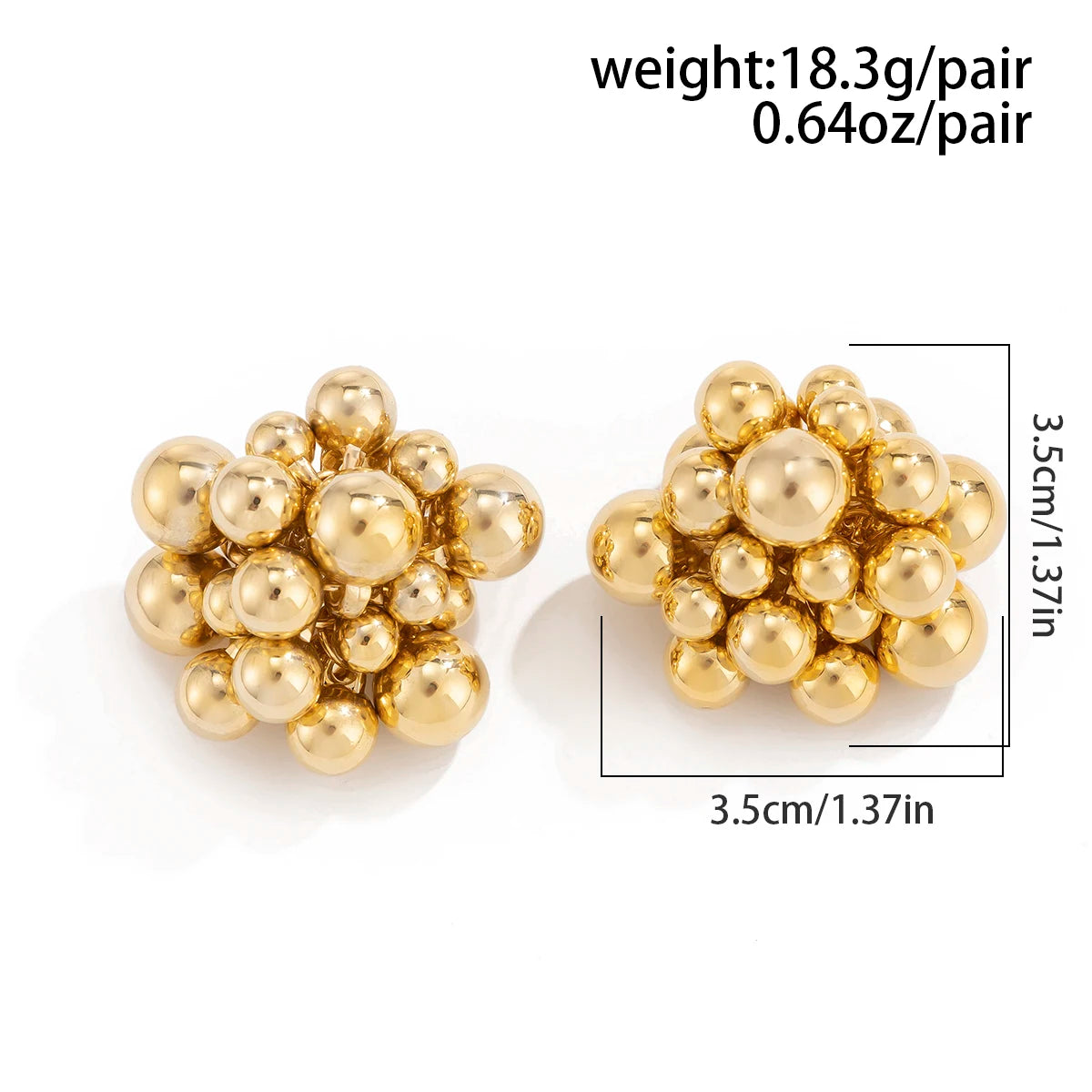 Gold cluster earrings with weight and size measurements on a white background