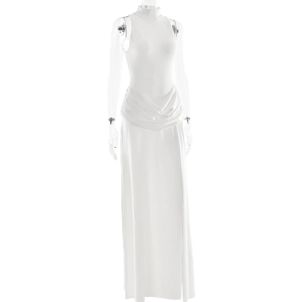 White sleeveless dress on a mannequin against a white background