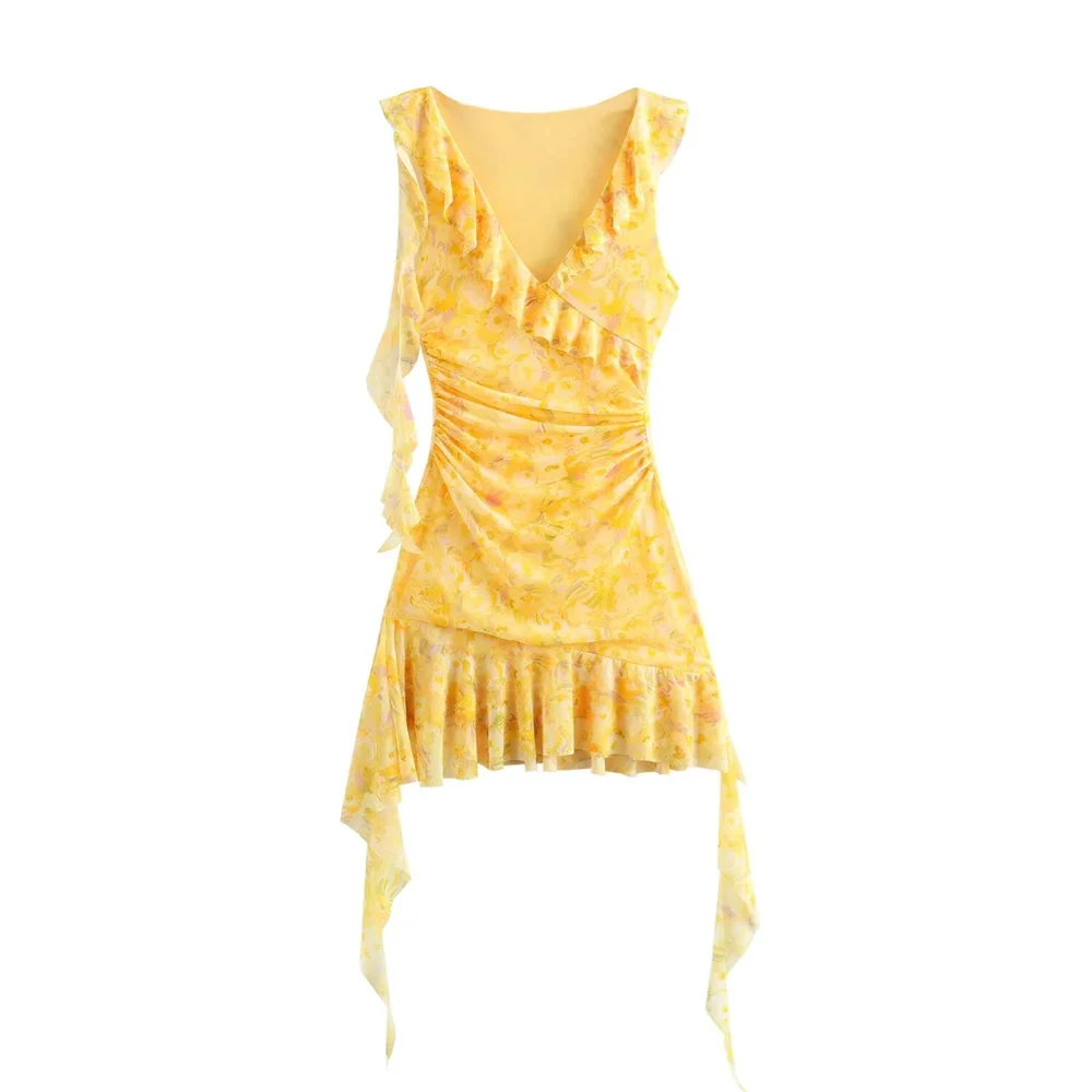 A floral print sleeveless mini dress with a V-neck and slight stretch, displayed on a plain background.