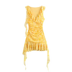 A floral print sleeveless mini dress with a V-neck and slight stretch, displayed on a plain background.