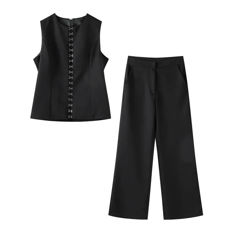 Black sleeveless top and pants set on a white background