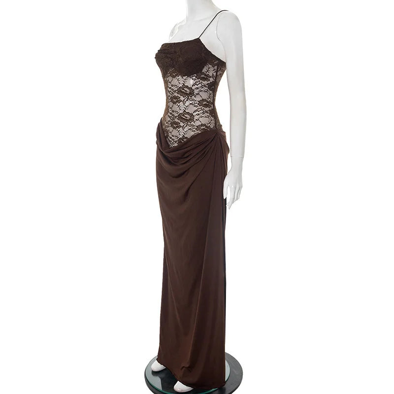 Brown evening gown with lace detailing on a mannequin against a white background