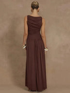Woman wearing a brown dress against a brown background